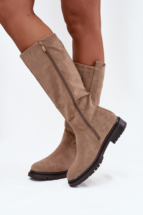 Dámske čižmy s podšívkou na plochej podrážke Eko semiš tmavohnedé Delyssa