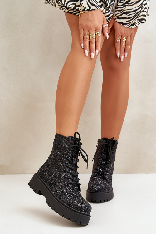 Zateplené botky workery dámské zdobené flitry černé Liatheine