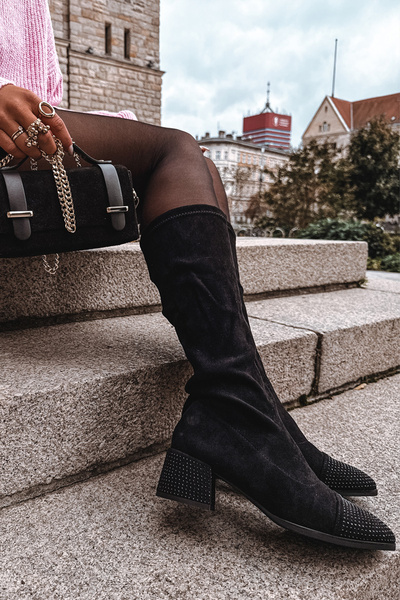 Dámské kozačky s ozdobou na kostku ekokůže Černé Ivanna