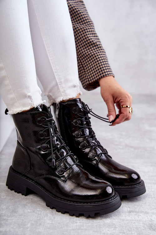 Dámské lakované teplé boty s žebrovaným černe helia