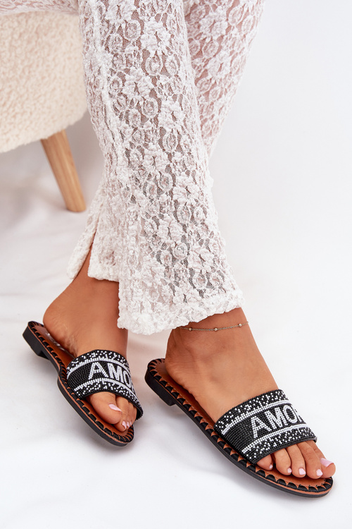 Dámské Pantofle Na Plochém Podpatku Se Zdobením Amore Černé Avelina