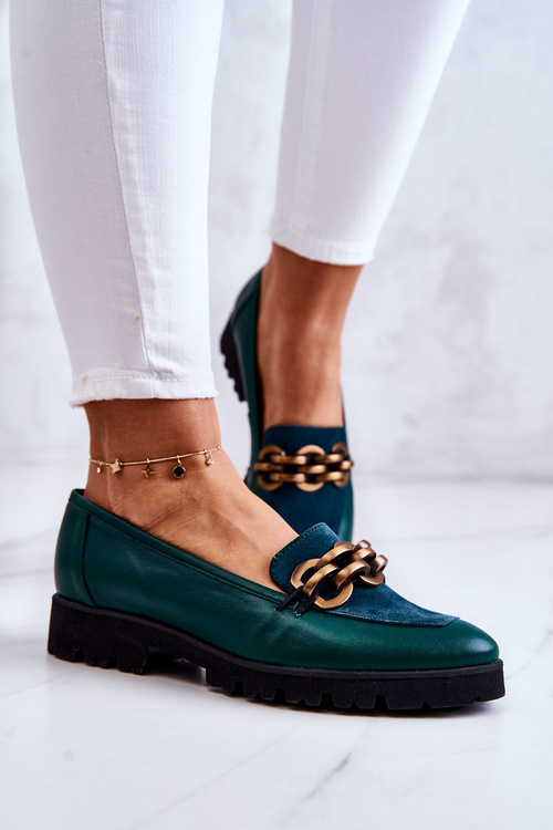 Elegantní kožené mokasíny se řetízkem zelene Geneva