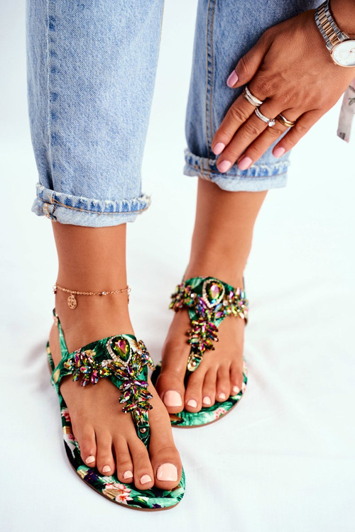 Dámske sandále Elegantné flip -flops zelené kryštály pod kontrolou