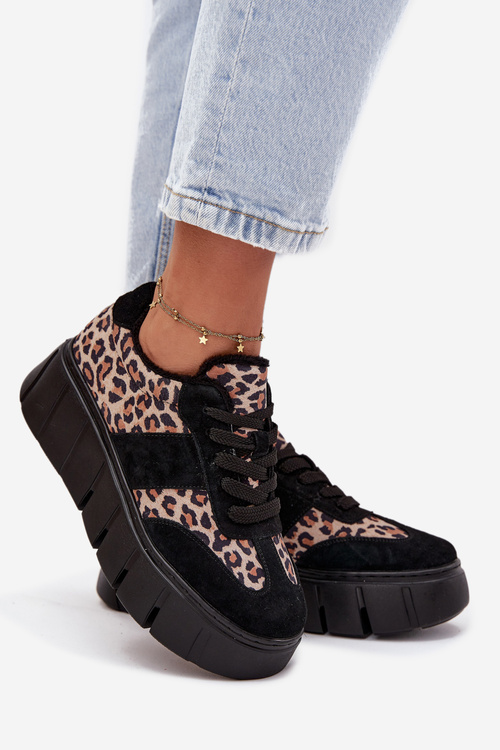 Semišové zateplené dámské tenisky na masivní platformě Vinceza 66841 Panterka Černé