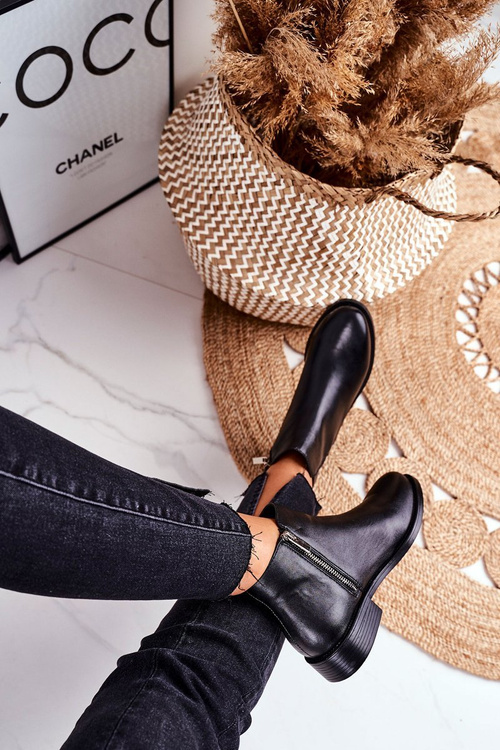 Dámske topánky teplé jodhpur topánky plochá päta čierna fernir koža