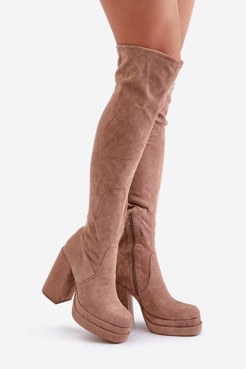 Čižmy Po Koleno S Opätkom A Platformou Béžové Nadelian