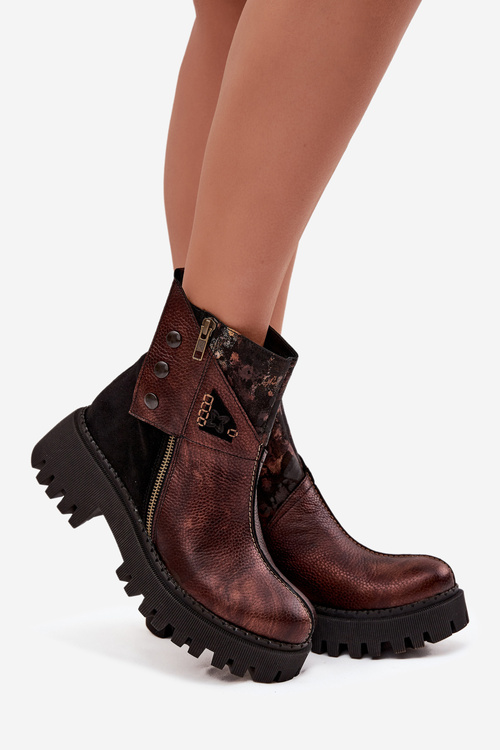 Kožené zateplené kotníkové boty na platformě a plochém podpatku Maciejka 06140-02 hnědé