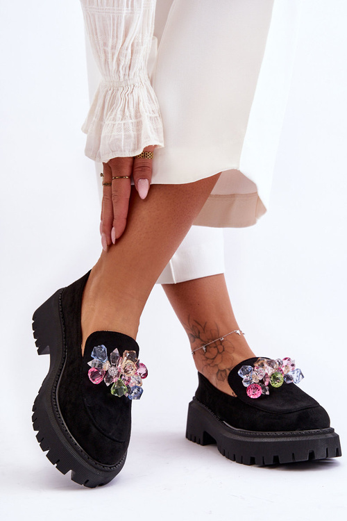 Dámske mokasíny s dekoratívnymi kryštálmi čierny avril