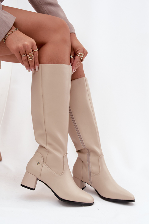 Kožené Zateplené Dámské Kozaky Na Podpatku Maciejka A7165-04 Béžové