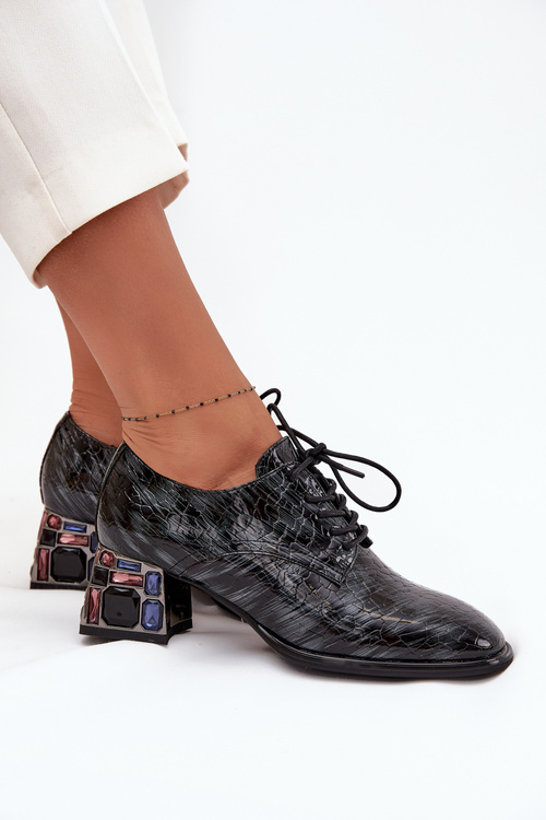 Kožené lakované dámské lodičky na podpatku s krystaly Artiker 57C0072 šedé