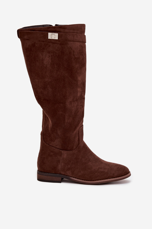 Zateplené dámske členkové čižmy na nízkom podpätku s remienkom a strieborným detailom Hnedé Geraline