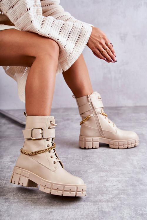 Módní dělnické boty s řetízkem béžove Solesso