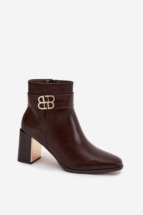 Dámské kotníkové boty na podpatku s páskem a zlatým detailem čokoládové Galinne