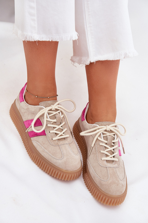 Semišové dámske sneakersy na platforme béžovo-ružové Cavira