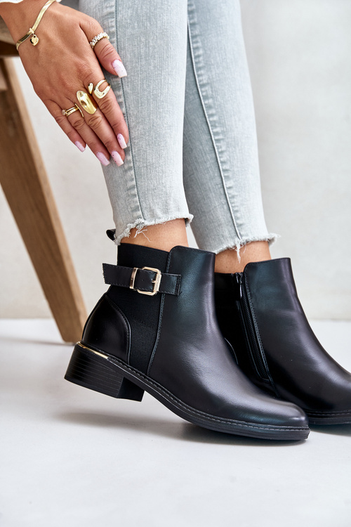 Dámské botky Chelsea na nízkém podpatku zateplené se zlatou sponou černé Inomira