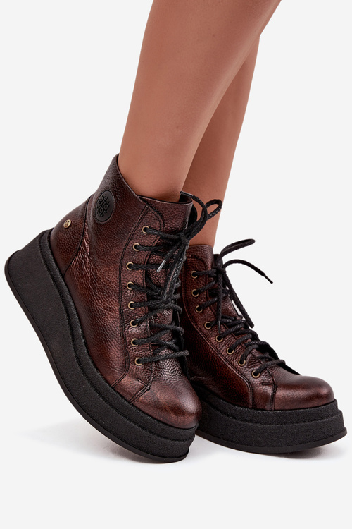 Kožené kotníčkové boty na masivní platformě Maciejka 06309-32 metalický hnědý