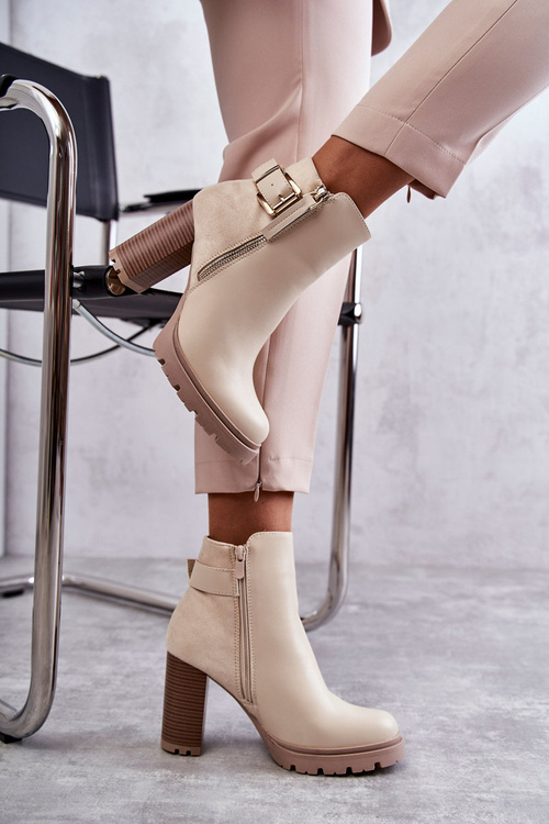 Kožené Kozačky Na Vysokých Podpatcích S Ozdobným Zipem Béžove Rosita