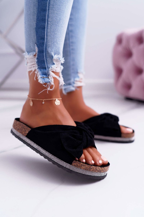 Dámské Korkové Nazouváky s Mašlí a Zirkony Černé Astria