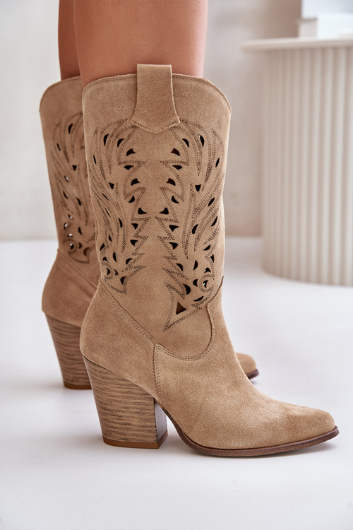 Dierkované kozačky do polovice lýtok na podpätku zamszové Lewski 3609 béžové