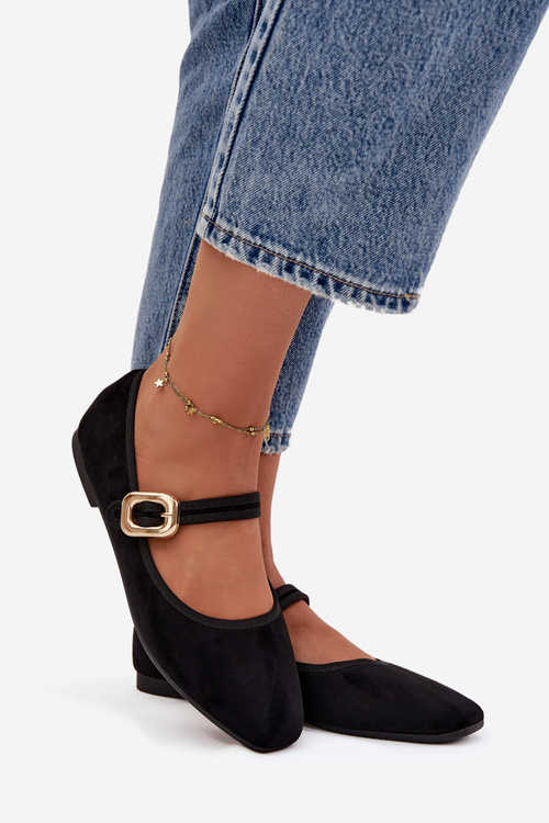 Baleríny s páskem a zlatým sponou Eko semišové Černé Adelora