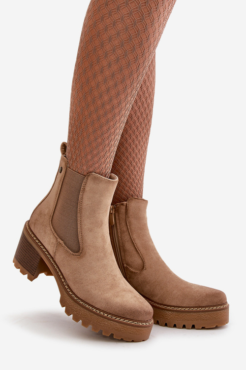 Dámske Zateplené Topánky Na Podpätku Eko Semišové Béžové Irissinae