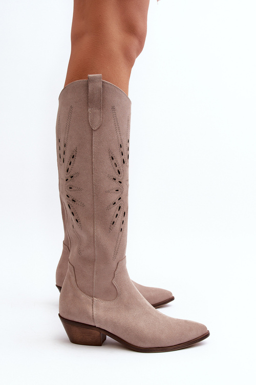 Zazoo 2909 Semišové Čižmy s Výrezom na Nízkom Podpätku Bežové