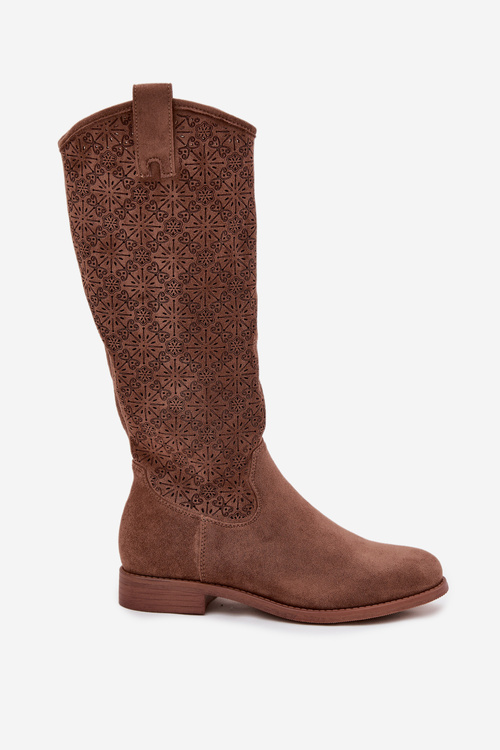 Dámske Kozačky S Mriežkovým Vzorom Na Plochoj Päti S Barški HY52 534 Hnedé