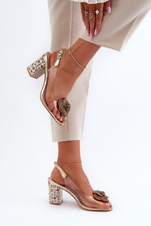 Priehľadné sandále na opätku s ozdobami S.Barski MR38-356 Zlaté