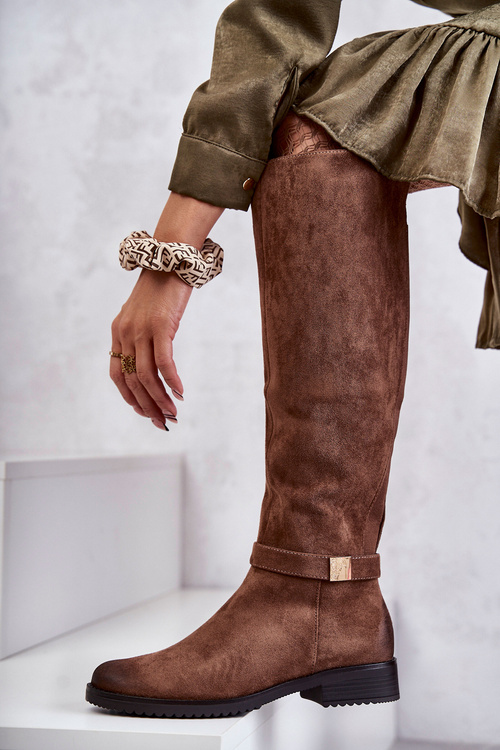 Dámské semišové kozačky na plochém podpatku Hnědé Henrike