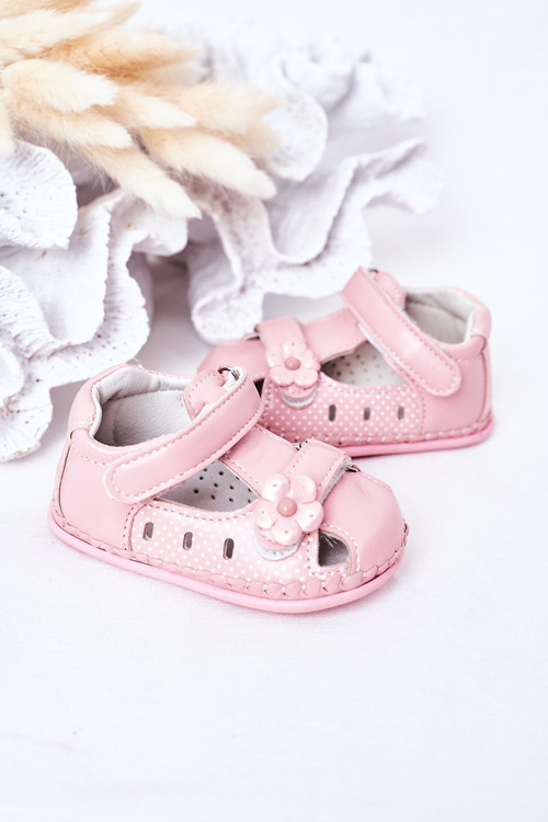 Dětské Kožené Sandály Se Suchým Zipem Růžové Flowers