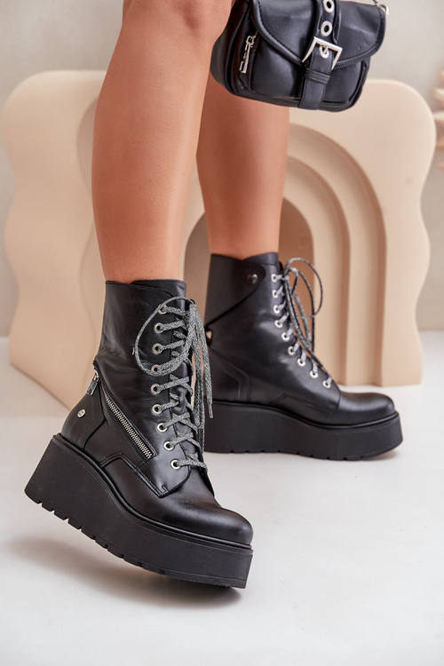 Kožené Boty Worker Na Platforme A Klíne Maciejka 06676-01 Čierne