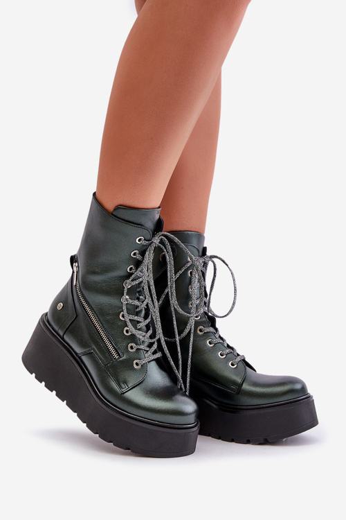 Kožené Botky Workery Na Platformě A Klínu Maciejka 06676-09 Zelené
