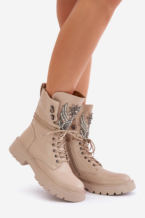 Eko Kožené Boty Workery So Zdobením Zateplené D&A Béžové MR880-080