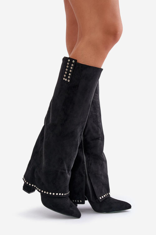 Dámské Kozačky S Otočeným Zvrškem Na Podpatku Černé Kaithena