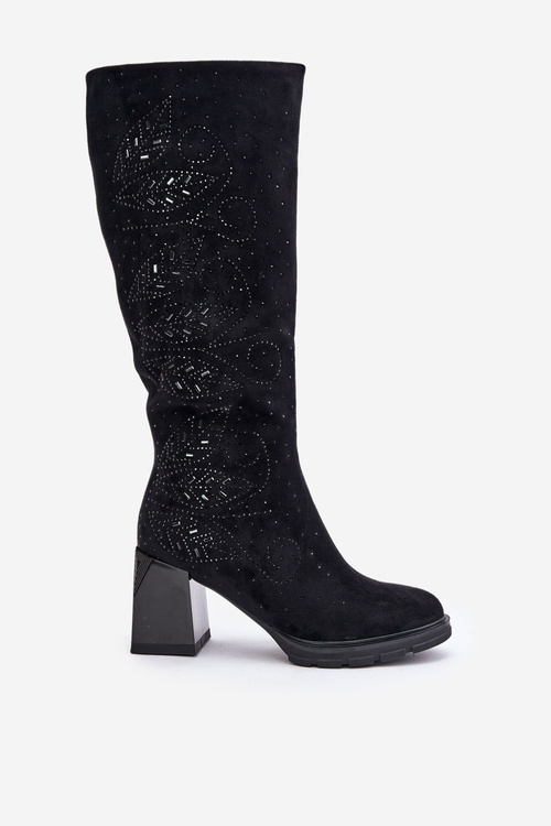 Zdobené dámske čižmy nad kolená zateplené na podpätku čierne MR880-158