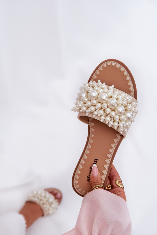 Dámske Plátenné Sandále S Dekoratívnymi Perlami Béžové Aricca