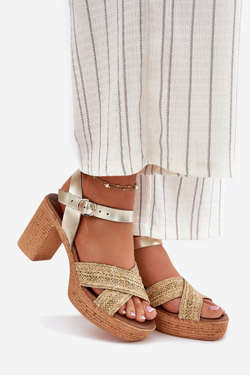 Kožené Sandále Na Opätku S Pletenými Pásikmi Zazoo 40460 Zlaté