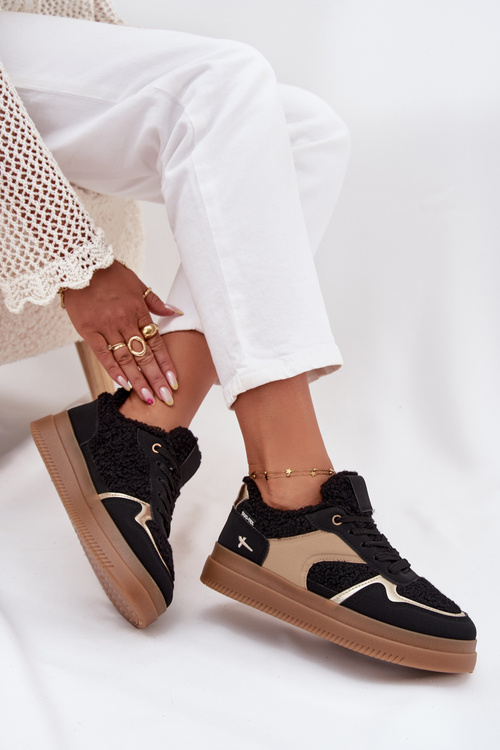 Dámske tenisky na platforme s ovčou kožušinou čierne Frelina