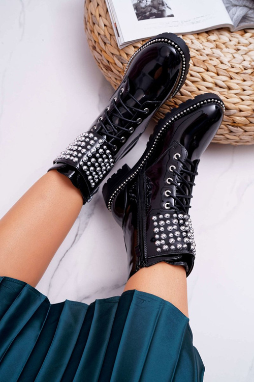 Dámske ploché vojenské podpätky lakované čierny bemmer