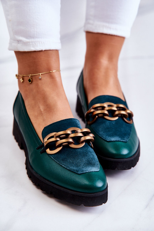 Elegantné kožené mokasíry so zeleným Ženevským reťazcom