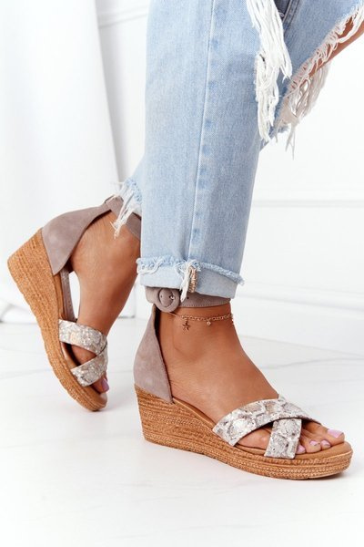 Semišové Klínové Sandály Maciejka 04565-04 Béžové-Zlaté