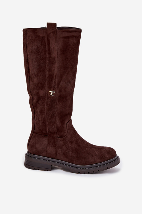 Dámské zimní kozačky na nízkém podpatku eco semiš čokoládové Delyssa