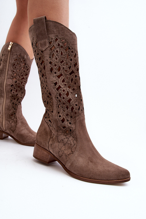 Zazoo 3403 Prosklené Dámské Kozačky Na Nízkém Podpatku Tmavěhnědé