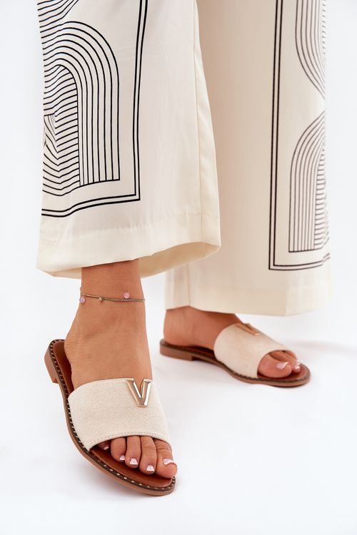 Dámské Pantofle Na Plochém Podpatku S Ozdobnými Detaily Béžové Saliena