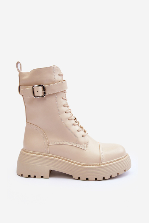 Kůže Botky Workery s Plochým Podpatkem se Sponou Jasnobežové Samivlo