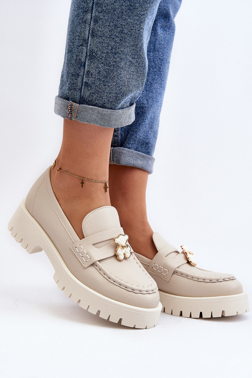 Kožené polobotky mokasíny s medvídkem CheBello 4291 světle béžové