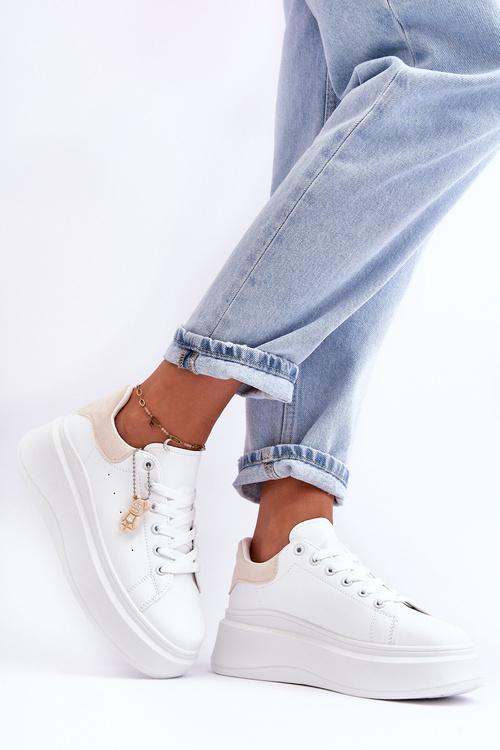 Dámske športové topánky na masívnej platforme, biela a béžová Mariell