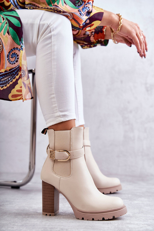 kožené kozačky na sloupku s ozdobným páskem béžové Maresol