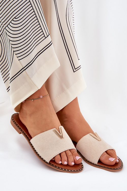 Dámské Pantofle Na Plochém Podpatku S Ozdobnými Detaily Béžové Saliena