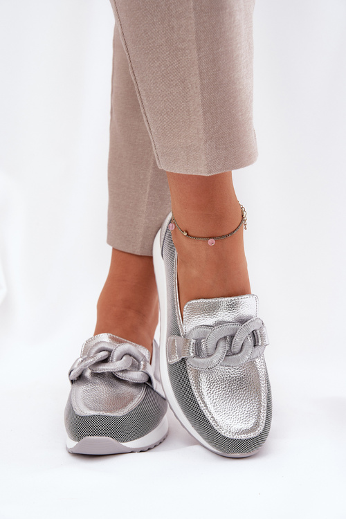 Kožené dámské mokasíny s ozdobou D&A LR51-966 stříbrné